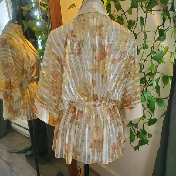 VINTAGE | Sheer Floral Robe Kimono Pastel Belted Night Gown (Size S) - Picture 6 of 13